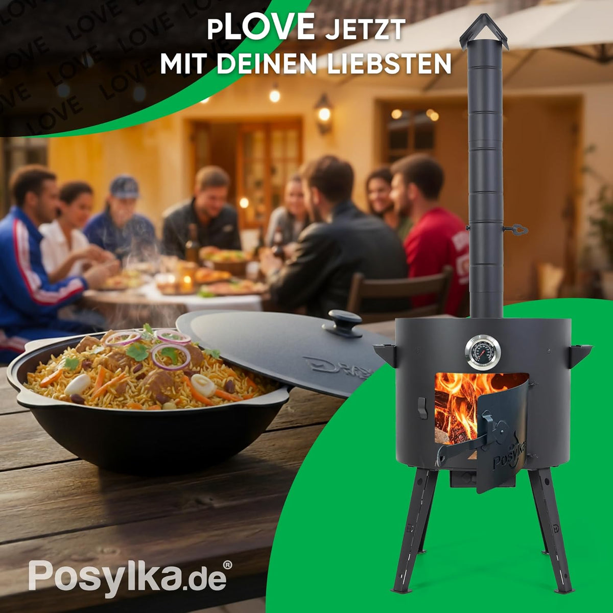 Utschak Kazan Fire Stove with Thermometer Cast Iron Pan Round Bottom with Lid (12 L), Skimmer 48 cm, Ladle 48 cm KazanoFF Fire Bowl Camping Kazan Goulash Cannon Dutch Oven (Set 3) - QUORE