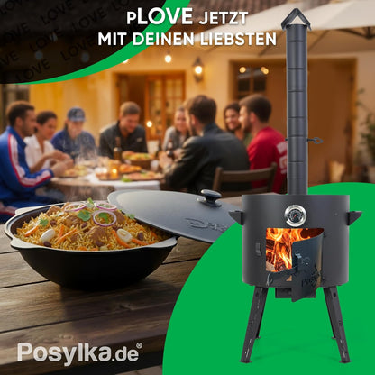 Utschak Kazan Fire Stove with Thermometer Cast Iron Pan Round Bottom with Lid (12 L), Skimmer 48 cm, Ladle 48 cm KazanoFF Fire Bowl Camping Kazan Goulash Cannon Dutch Oven (Set 3) - QUORE