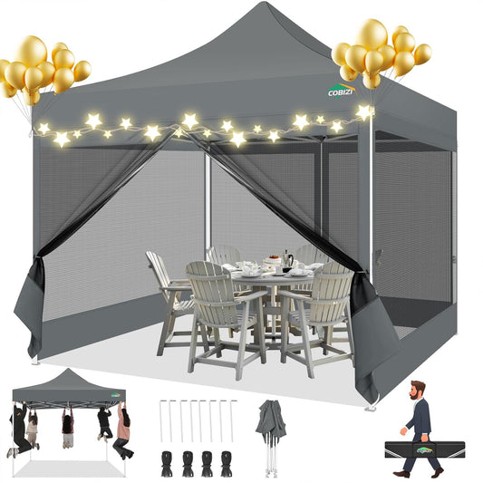 COBIZI Paviljoen, 3x3, vouwpaviljoen, waterdicht, stabiel, partytent, tuinpaviljoen, uv-bescherming met 4 zijwanden van mesh, grijs
