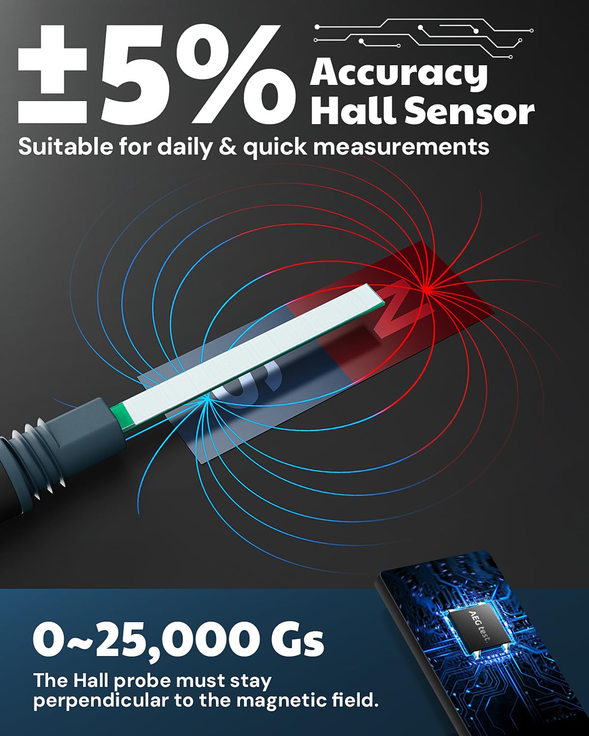 8103 gausmeter, oplaadbaar, 0-2500 m, magneetometer met gegevensregistratie en alarm, veld- en polariteitsmeter, ± 5% totale nauwkeurigheid voor fabrieken en werkplaatsen