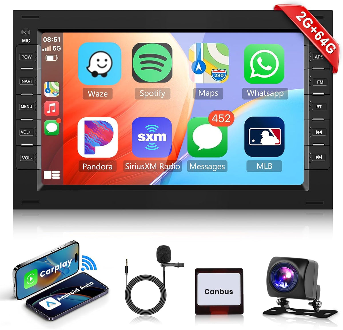 2G + 64G: podofo 7 inch 2 Din autoradio voor VW T5 Golf 4 Bora Polo MK5 Passat B5 Jetta Peugeot 307 Draadloze Android Auto Carplay met Bluetooth wifi/Navi FM/RDS/Airplay + AHD/CANBUS