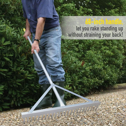 Tuinhark - Landschapshark - Bladharken - Screening Rake - 24 Tines - 24inch Head - 68inch Handvat - voor Strand - Gazon Onderhoud - Aluminium - Zilver