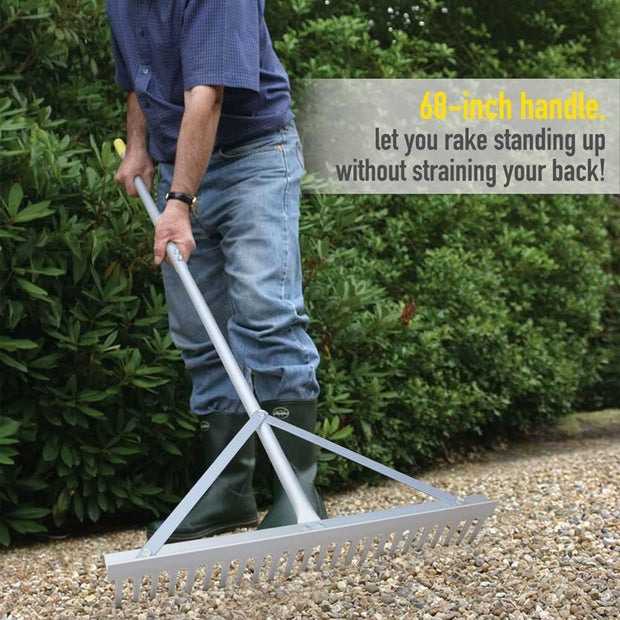 Tuinhark - Landschapshark - Bladharken - Screening Rake - 24 Tines - 24inch Head - 68inch Handvat - voor Strand - Gazon Onderhoud - Aluminium - Zilver