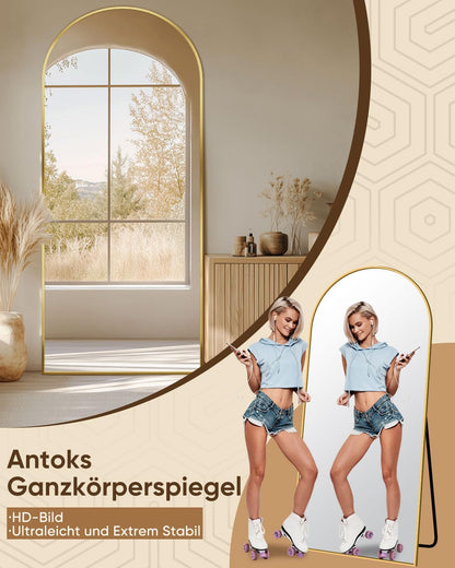 antok Full body spiegel, staande spiegel in volledige lengte, wandspiegel met frame van aluminiumlegering en onbreekbaar glas, gebogen vloerspiegel voor woonkamer, kleedkamer