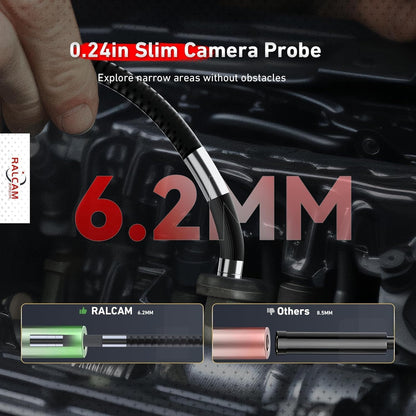 Ralcam endoscoopcamera 6,2 mm endoscoopcamera - 360° inspectiecamera met licht 5,0" HD 1280x720 pijpcamera, camera's met 6 LED's, IP67 waterdichte 1,5 m semi-rigide pijpcamera telescopische camera