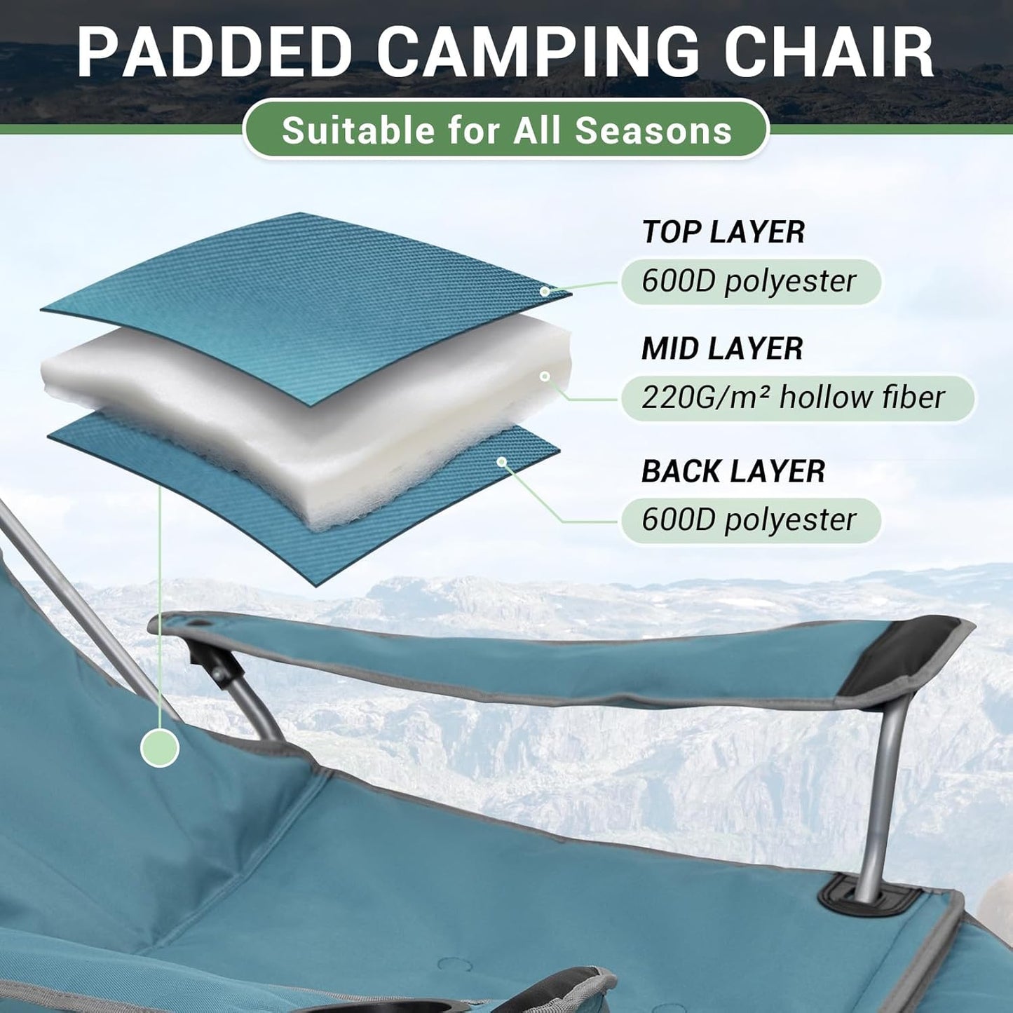 #WEJOY 2-in-1 campingstoel, opvouwbaar met voetensteun, gevoerde ligstoel met verstelbare rugleuning, relaxstoel, ligstoel met bekerhouder, ligstoel voor outdoor, camping, cyaan, set van 2
