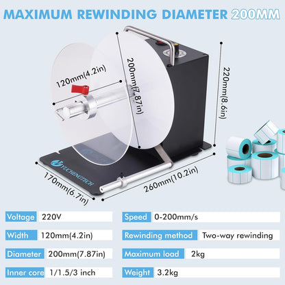 YUCHENGTECH Label Rewinder Breedte 120mm Diameter 200mm DS803 Automatische Label Rewinder 1/1.5/3 "Binnenkern Tags Rewikkeling Machine 0-200mm/s Snelheid-Verstelbare