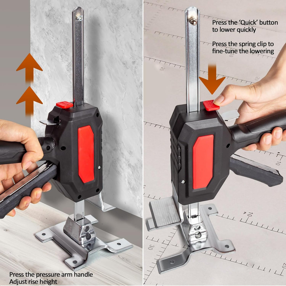2 stuks werkbesparende armdeurgebruik, plaatlift, kastlift, klemplaten, nivelleringssysteem, 880 lbs/400 kg, voor vloeren, deuren, kastinstallatie, krik voor gipsplaten, hoogte: 38 cm
