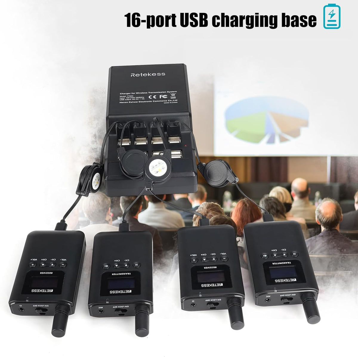 Retekess TT125 Audiotourgidssysteem, 180 m Lange Batterijlevensduur Audiodescriptiesysteem met TT002 16-Slots Opladerbasis, voor Toerisme, Fabriek, Conferentie, Kerk, Universiteit, Training
