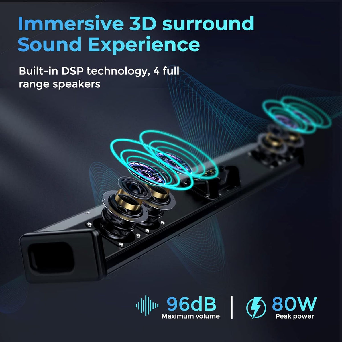 OXS S3 soundbar voor tv, thuisbioscoopaudio met Bluetooth 5.0, dynamische bas, 3D-surround-geluid, dialoogverbetering, AUX/optisch/coaxiaal compatibel, meerdere geluidsmodi, wandmonteerbaar