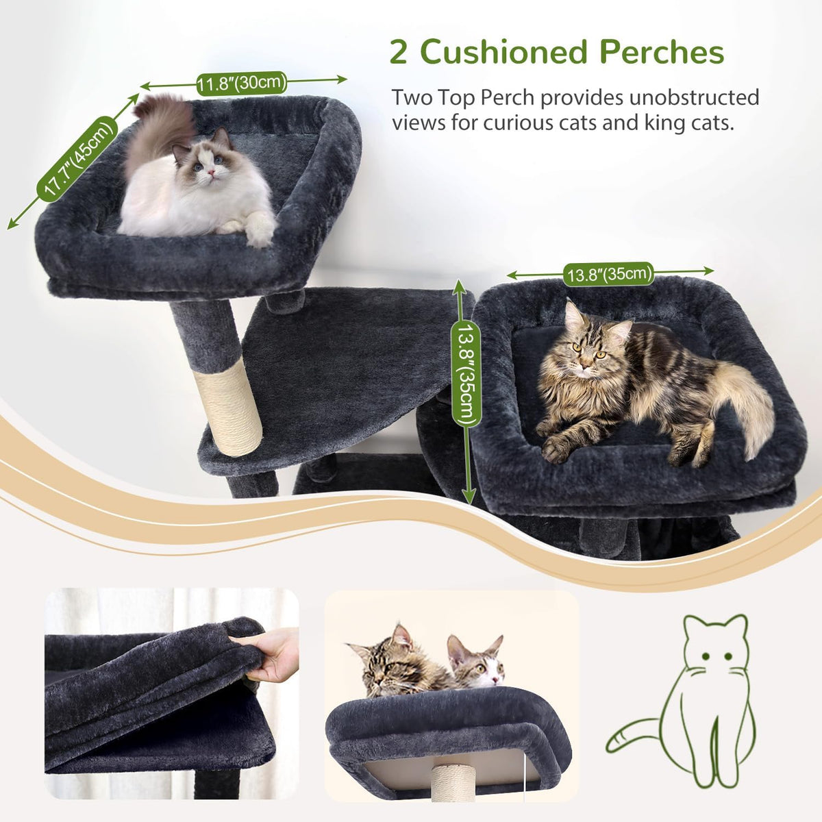 Kattenboom – Krabpaal – Kattenmeubel – Klimpaal – XXL Kattenboom – Donkergrijs – Extra Grote Kattenhuizen 45x40x35 cm – 189 cm Hoog Met 3 Brede Platforms