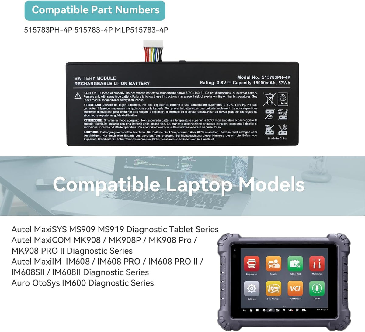 K KYUER 515783PH-4P Batterij voor Autel MaxiSYS MS909 MS919 Diagnostic Tablet, MaxiCOM MK908 Pro MK908P, MaxiIM IM608/IM608 PRO/IM608 PRO II/IM608 PRO 2, OtoSys IM600 Diagnostic Key Programming Tool