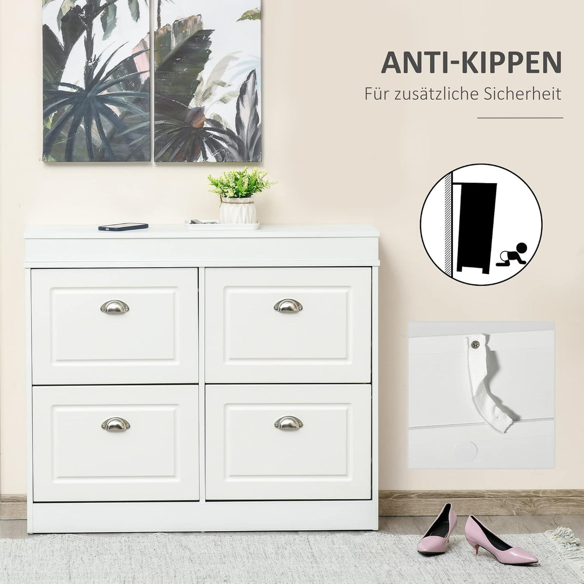 HOMCOM Shoe Cabinet with 4 Drawers Storage Modern Simple Design Cabinet Chipboard MDF White 98 x 24 x 83 cm - QUORE