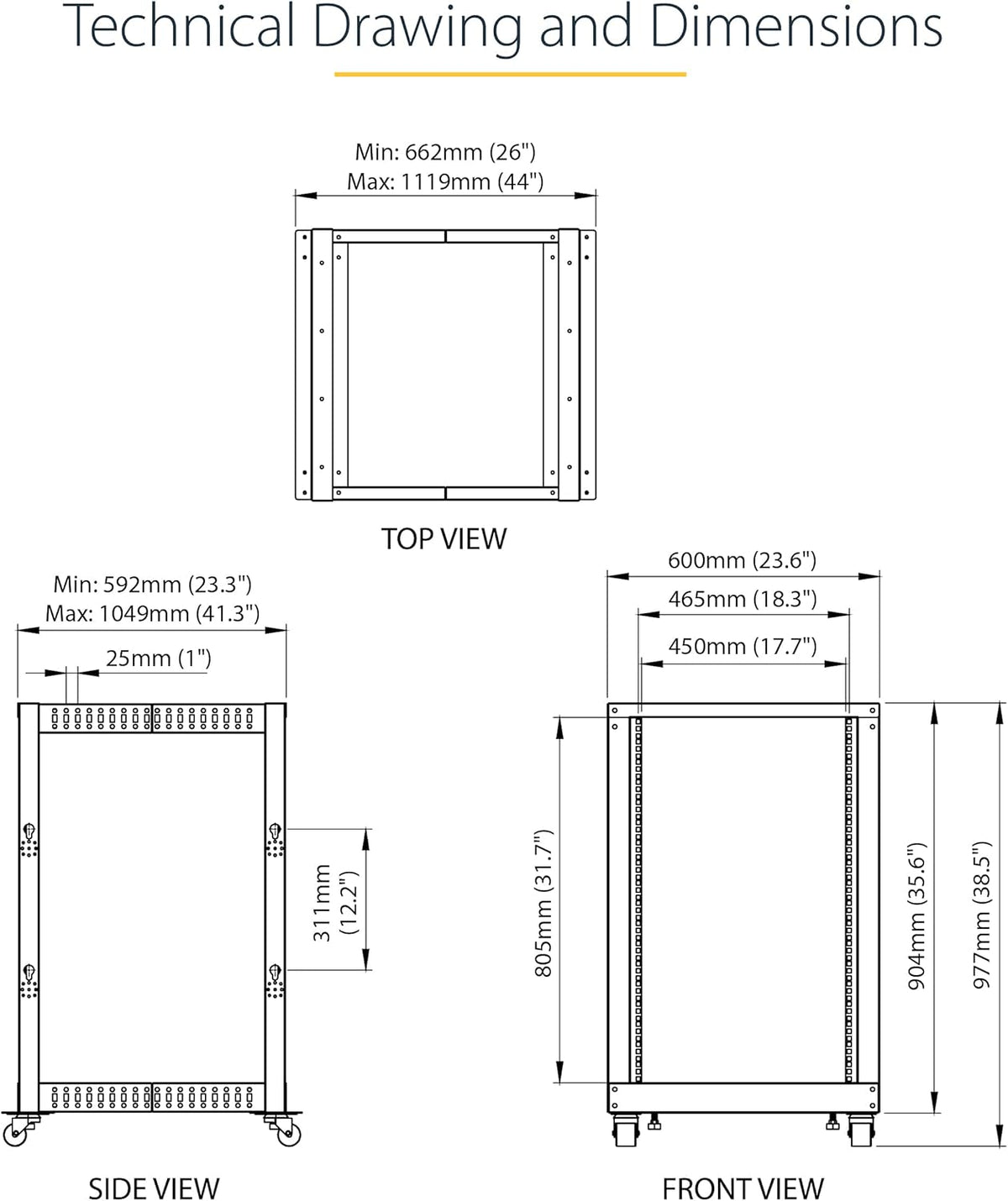 StarTech 18U 4-Post Server Rack, 19in Open Frame Rack met 101cm Montagediepte en 544kg Draagkracht, Mobiel of Vrijstaand IT Rack