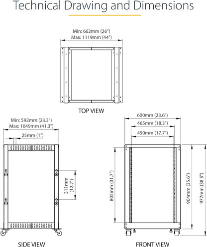 StarTech 18U 4-Post Server Rack, 19in Open Frame Rack met 101cm Montagediepte en 544kg Draagkracht, Mobiel of Vrijstaand IT Rack