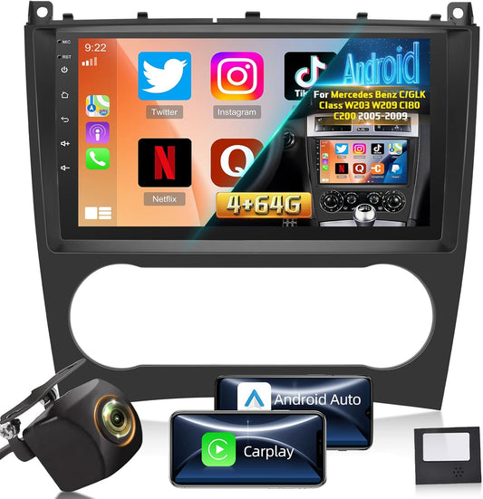 Android 4G+64G Car Stereo for Mercedes Benz C/GLK Class W203 W209 C180 C200 2005-2009, 9 inch Touchscreen Car Radio with Wireless Carplay & Android Auto/Bluetooth 5.0/WiFi/GPS/32EQ