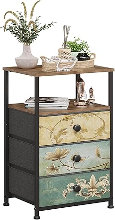 VEDECASA Set of 2 Chest of Drawers with 3 Drawers and Open Shelf, Comode Cabinet, Bohemian Dressing Table, Storage Cabinet, Bedside Table, Side Table for Living Room, Bedroom, Stable Steel Frame - QUORE