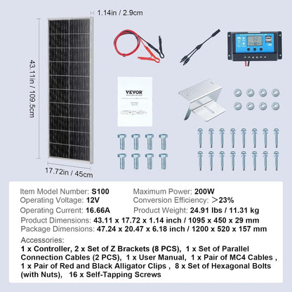 VEVOR 200 W zonnepaneel, set van 2 12 V monokristallijn zonnepaneel plus laadregelaar, 16,66 A zonne-installatie, omzettingssnelheid van 23%, compatibel met AGM-, GEL-, FLD-, LI-batterijen, ideaal