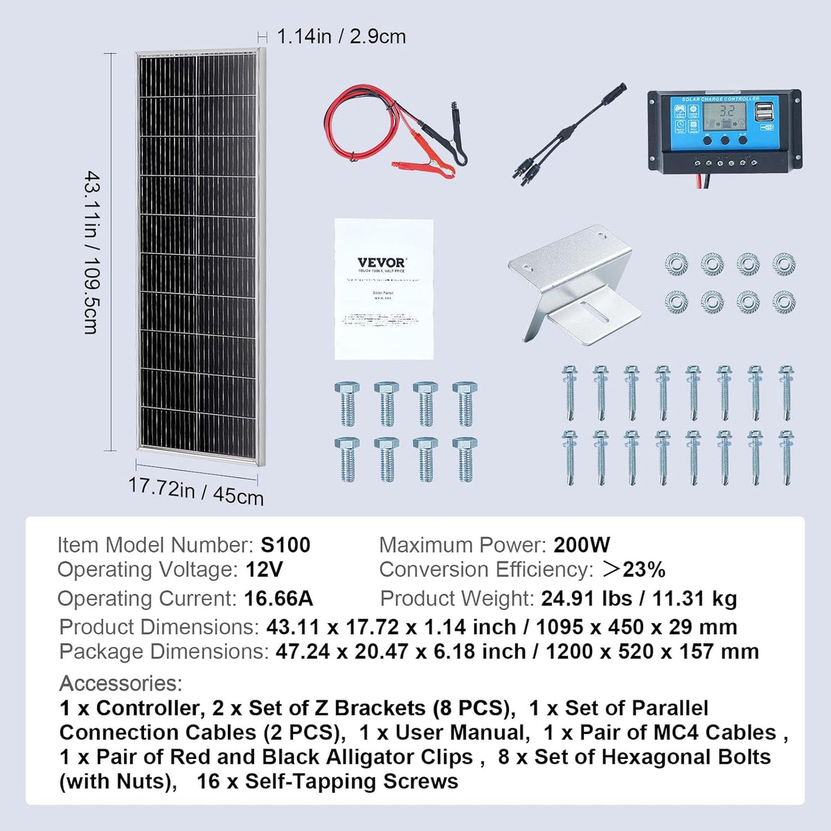 VEVOR 200 W solar panel, set of 2 12 V monocrystalline solar panel plus charge controller, 16.66 A solar installation, conversion rate of 23%, compatible with AGM, gel, FLD, LI batteries, ideal