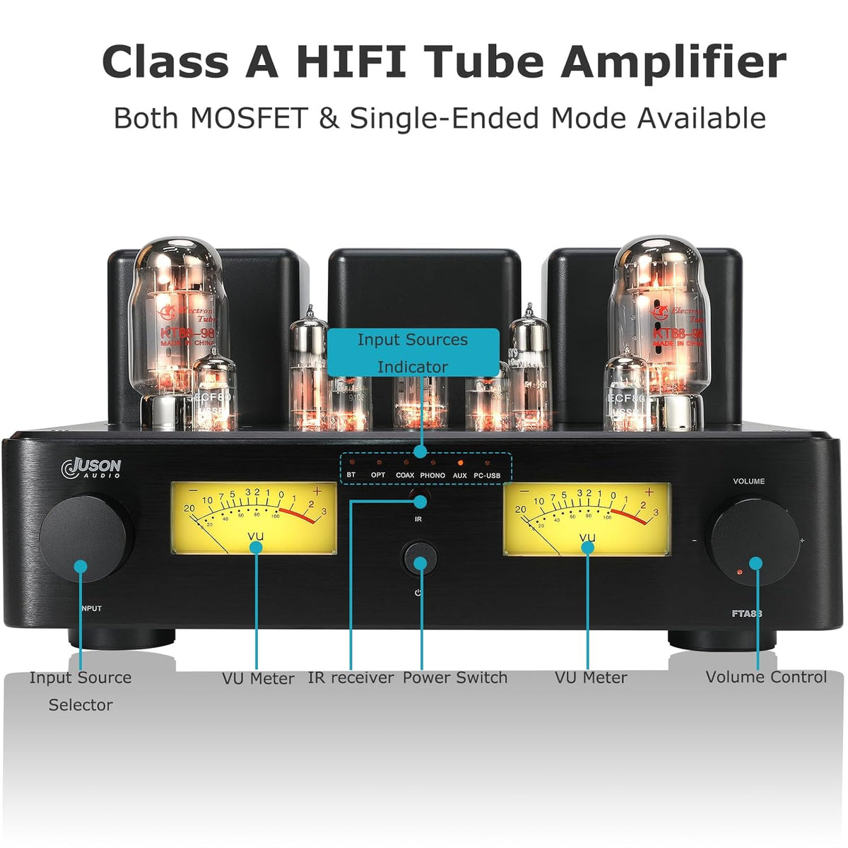 Juson Audio FTA88 Upgrade KT88 ventielbuisversterker, klasse A, hifi-vacuümversterker met BT 5.4 Mosfet, enkelvoudig, dual mode-afstandsbediening, aptX-HD (FTA88 2025)