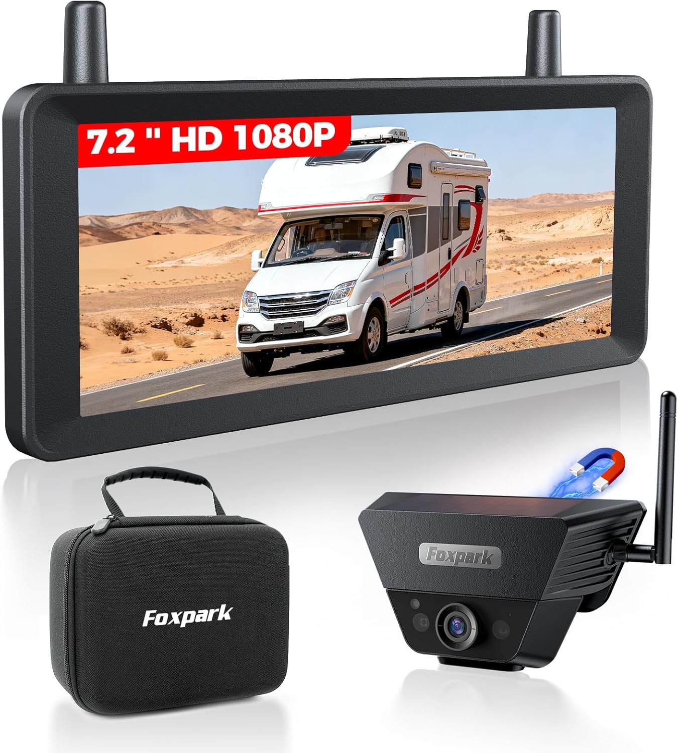 Achteruitrijcamera op zonne-energie, draadloos, 7,2 inch monitor
