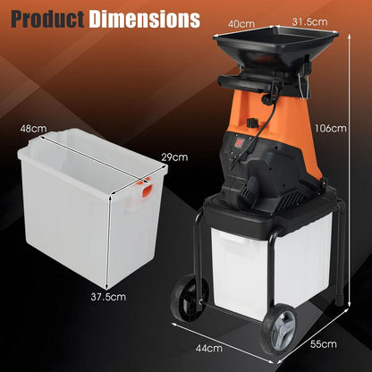 FANTASK Tuinhakselaar, elektrische hakselaar met wielen en 50 l opvangbox, snijdikte 45 mm, elektrische houthakselaar met kabel, messenhakselaar voor tuinreiniging, oranje, 3000 W 55 x 44 x 106 cm