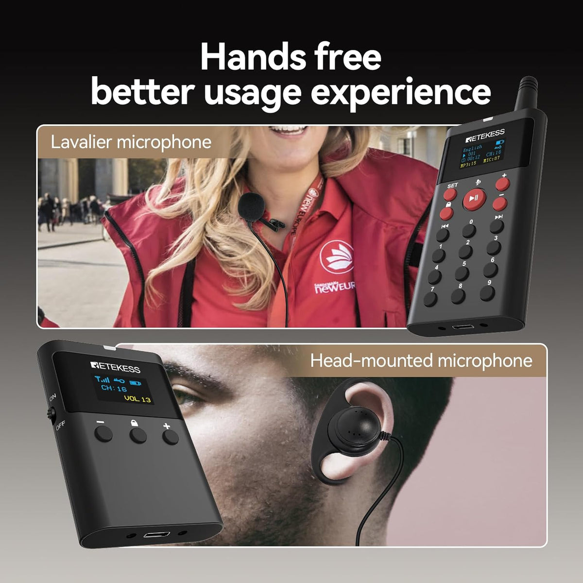 Retekess TT127 Audio Whisper Tour Guide System, Tour Guide System, Uitlegmodus voor Twee Personen, On-Demandfunctie, 200 m, voor Museumtentoonstellingen(1 zenders 10 ontvangers)
