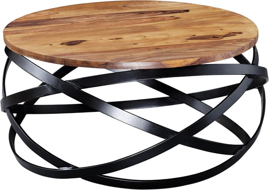 FineBuy Coffee Table Solid Sheesham Wood and Metal 60 x 30 x 60 cm Coffee Table Brown and Black | Round Table Living Room Modern | Wooden Table Side Table - QUORE