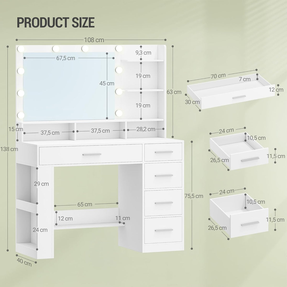 Hzuaneri Dressing Table with Large HD Mirror, Dressing Table with LED Light, 6 Open Compartments, 5 Drawers and Side Open Storage Space, Bedroom Dressing Room, Simple, White DT42603XEU