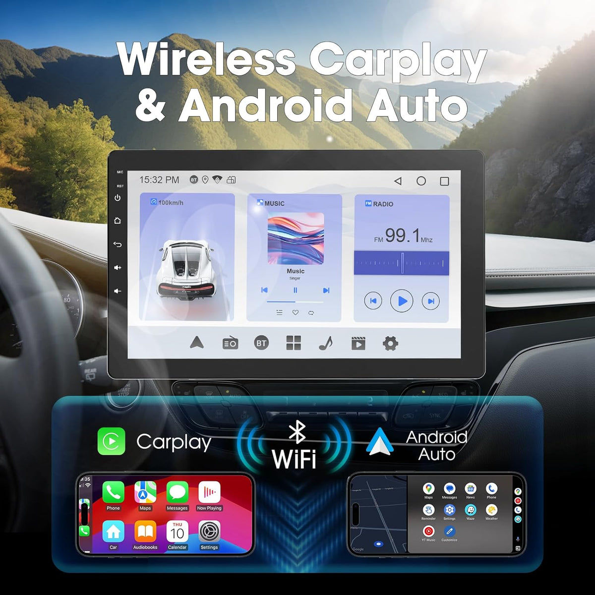 360° Draaibare Autoradio – 1 DIN Autoradio – Bluetooth Stereo – Draadloze CarPlay – Android Auto – 10,1 Inch IPS Touchscreen – Ingebouwde 720P Achteruitrijcamera & Stembediening