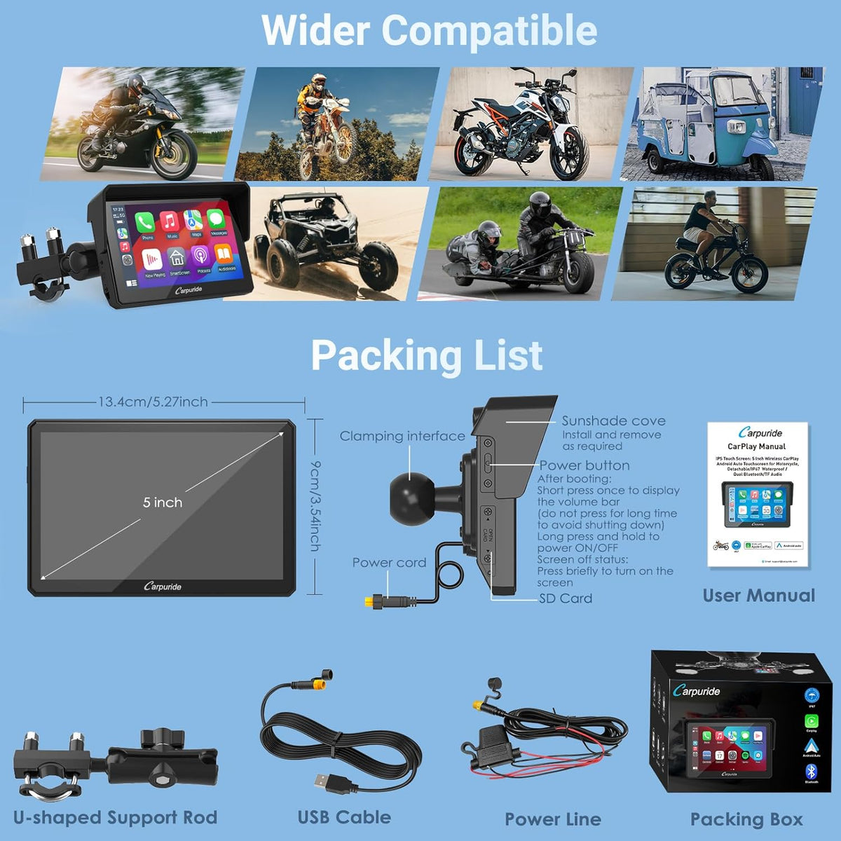 Carpuride W502 Motorscherm 5 inch GPS met CarPlay draadloos & Android Auto - IP67 waterdicht IPS-touchscreen, dubbele Bluetooth, GPS-navigatie, Siri, U-vormige verstelbare motorstandaard