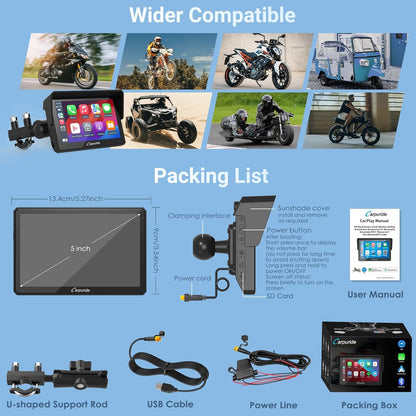 Carpuride W502 Motorscherm 5 inch GPS met CarPlay draadloos & Android Auto - IP67 waterdicht IPS-touchscreen, dubbele Bluetooth, GPS-navigatie, Siri, U-vormige verstelbare motorstandaard