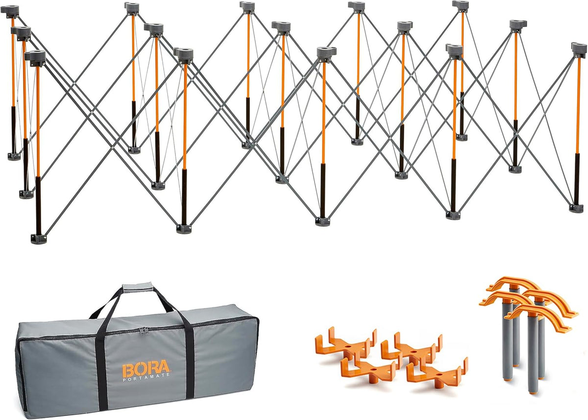 Bora Duizendpoot 4x8 werkstandaard met 15 veerpoten en draagbare tafel | XL Sawhorse-ondersteuning met vouwen, inklapbare stalen poten, CK15S, oranje.