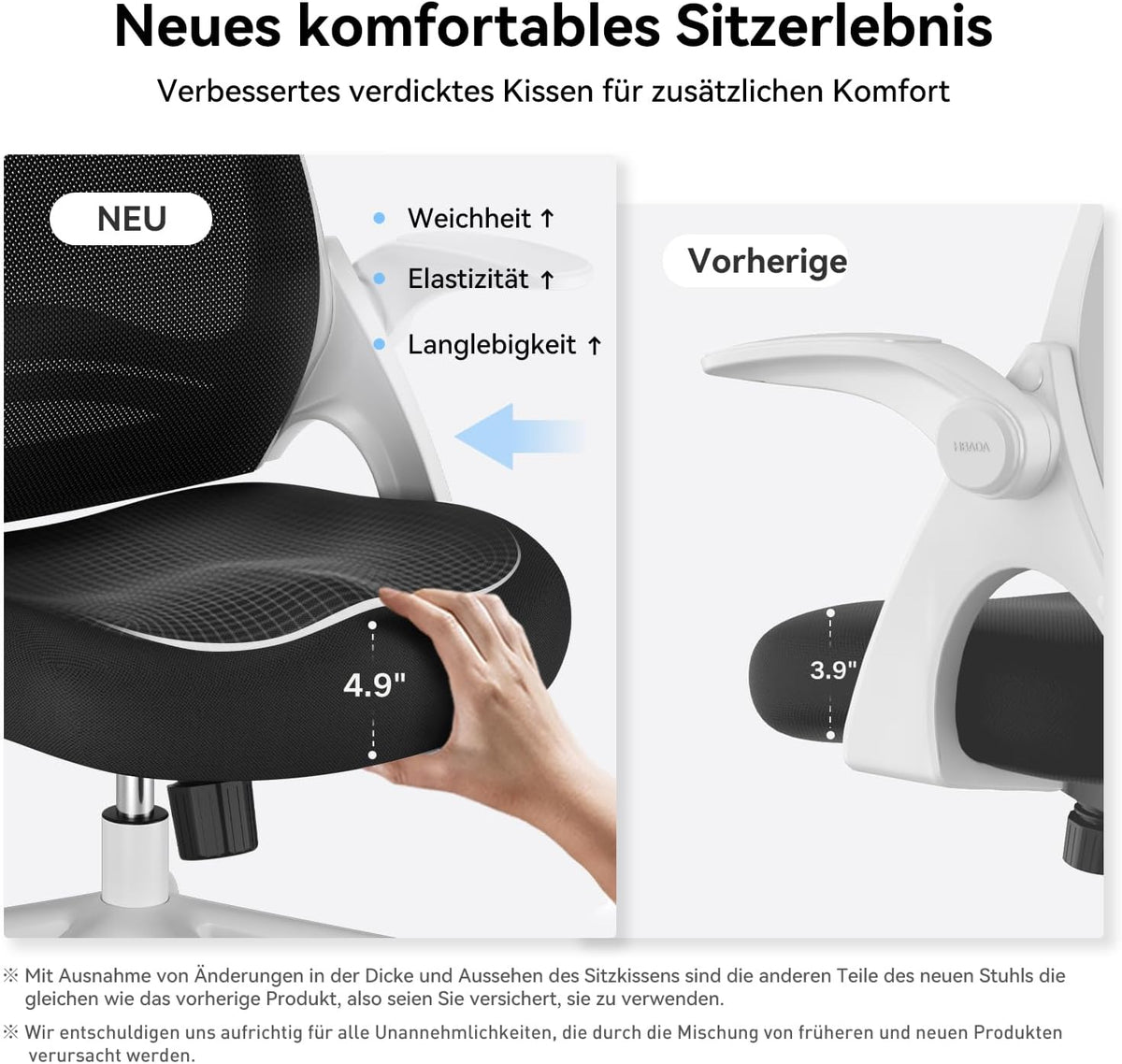 Hbada Bureaustoel Opklapbare Armsteun Ergonomische Bureaustoel Compact 120 ° Vergrendeling 360 ° Rotatie Zitting Oppervlaktelift Versterkte Nylonharsbasis, Wit