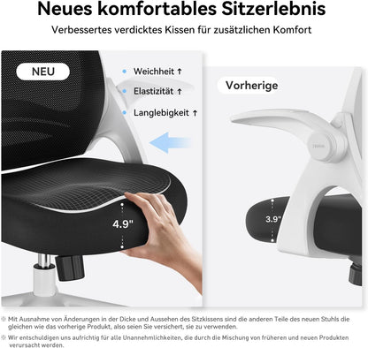 Hbada Bureaustoel Opklapbare Armsteun Ergonomische Bureaustoel Compact 120 ° Vergrendeling 360 ° Rotatie Zitting Oppervlaktelift Versterkte Nylonharsbasis, Wit