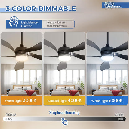 Sofucor Plafondventilator met verlichting en afstandsbediening, DC, 132 cm, 5 vleugels, timer, 3 kleurtemperaturen, 6 snelheden, zomer, winterwerking, stille plafondventilator met licht voor