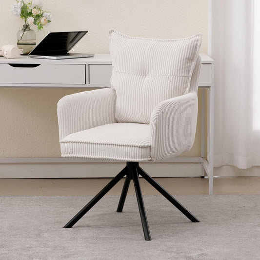Draaistoel – Bureaustoel – Kantoorstoel – Make-up Stoel – Zonder Wielen – Corduroy Bekleding – 360° Draaibaar – Met Metalen Onderstel – Wit - QUORE