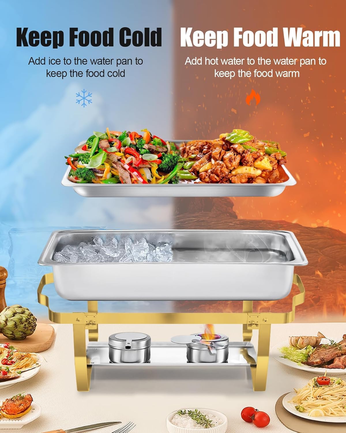 Chafing Dish Buffet Set 9L [Elegant Goud en Zilver], 4-Pack Gouden Chafing Dishes voor Buffet [Afgeronde Rand Design], RVS Voedselwarmer voor Catering Buffet en Alle Feesten