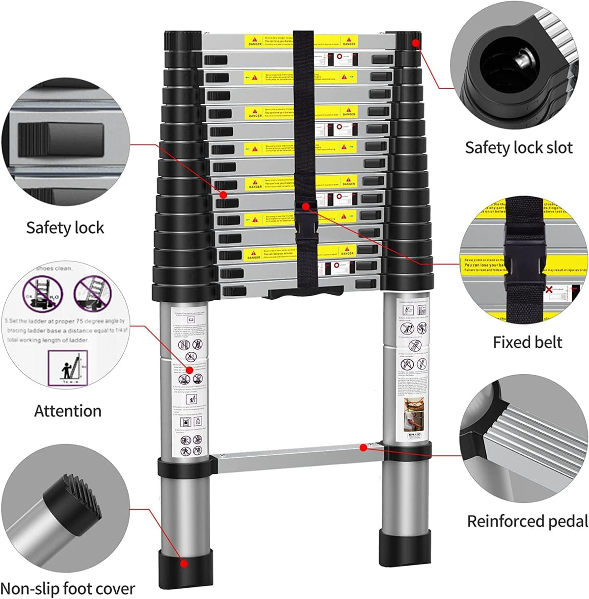 BOWEITI 15,5 ft telescopische ladder, draagbare aluminium verlengladder met stabilisatoren, lichtgewicht, compacte telescopische ladder 330 lb-capaciteit, uitbreidingsladder voor thuis, buiten (15,5