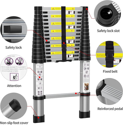 BOWEITI 15,5 ft telescopische ladder, draagbare aluminium verlengladder met stabilisatoren, lichtgewicht, compacte telescopische ladder 330 lb-capaciteit, uitbreidingsladder voor thuis, buiten (15,5