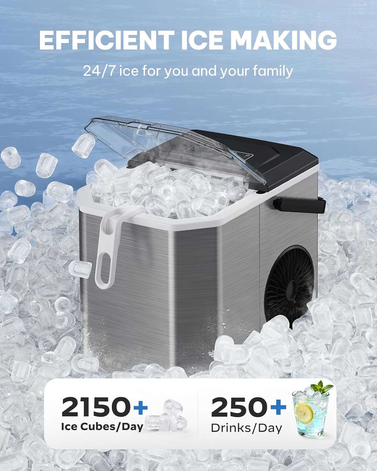 Silonn IJsblokjesmachine met handvat - draagbaar & zelfreinigend, mini ijsmaker 9 ijsblokjes / 6 min. 12 kg/dag, ijsblokjes eenvoudig uitnemen en overal gebruiken