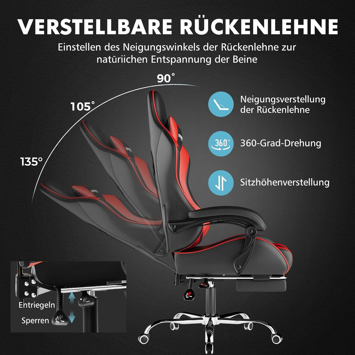 GTPLAYER Gamingstoel, bureaustoel, ergonomische pc-stoel, gamingstoel met massagesteun, task stoelen met voetensteun en hoofdsteun, rood kunstleer