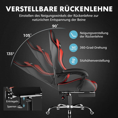 GTPLAYER Gamingstoel, bureaustoel, ergonomische pc-stoel, gamingstoel met massagesteun, task stoelen met voetensteun en hoofdsteun, rood kunstleer