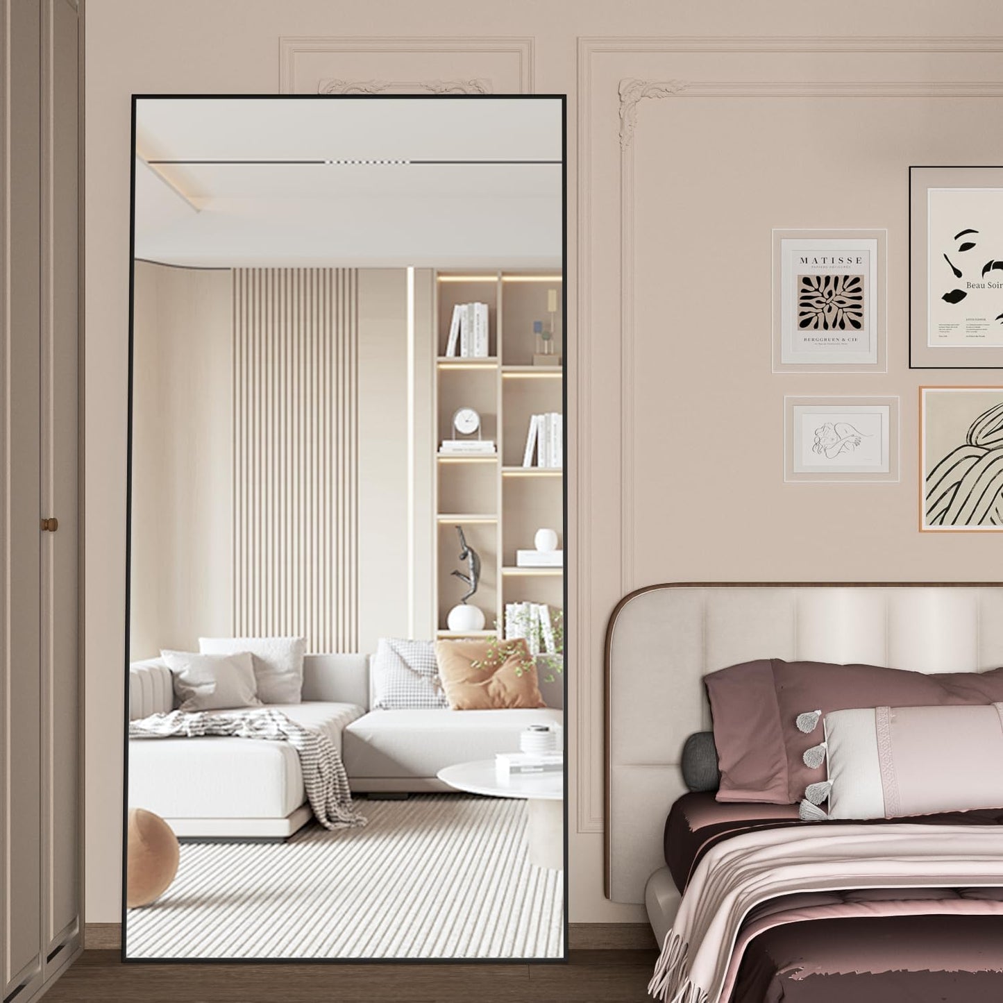 CASSILANDO 180 x 80 cm staande spiegel, zwarte vloer grote, staande spiegel, tegen muur voor slaapkamer, bekleding en aan de muur bevestigde dunne lijst, zwart
