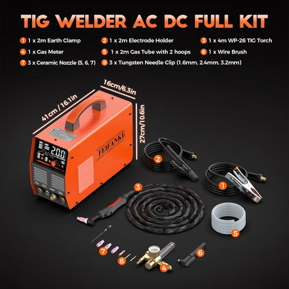 WIG IGBT Lasapparaat, AC/DC, 230 V, 200 A, inverter-lasapparaat, IGBT puls aluminium lasapparaat, 7-in-1 elektroden lasapparaat met digitaal led-display en WP26 WIG-brander, roestvrij staal, aluminium