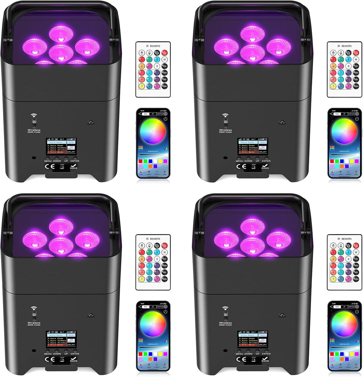 Led-spots, accu, 4 stuks, 108 W, RGBWA-UV podiumverlichting met app-bediening, led-par accu met DMX en afstandsbediening voor party, club, bar, Halloween, Kerstmis