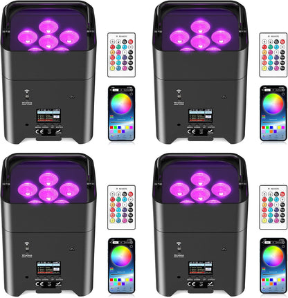 Led-spots, accu, 4 stuks, 108 W, RGBWA-UV podiumverlichting met app-bediening, led-par accu met DMX en afstandsbediening voor party, club, bar, Halloween, Kerstmis