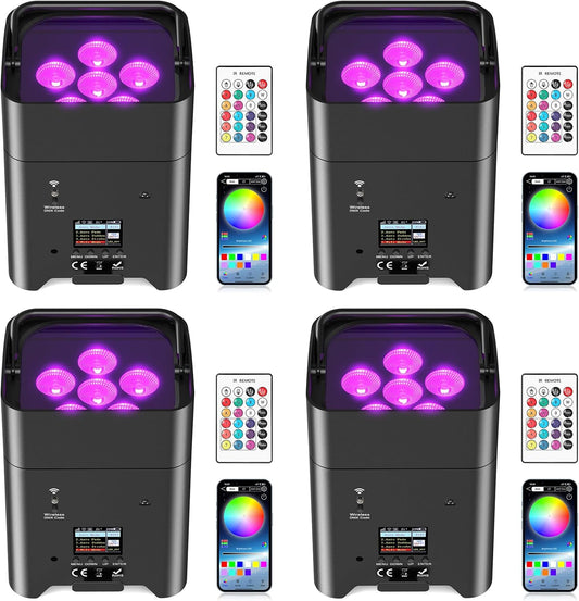 Led-spots, accu, 4 stuks, 108 W, RGBWA-UV podiumverlichting met app-bediening, led-par accu met DMX en afstandsbediening voor party, club, bar, Halloween, Kerstmis