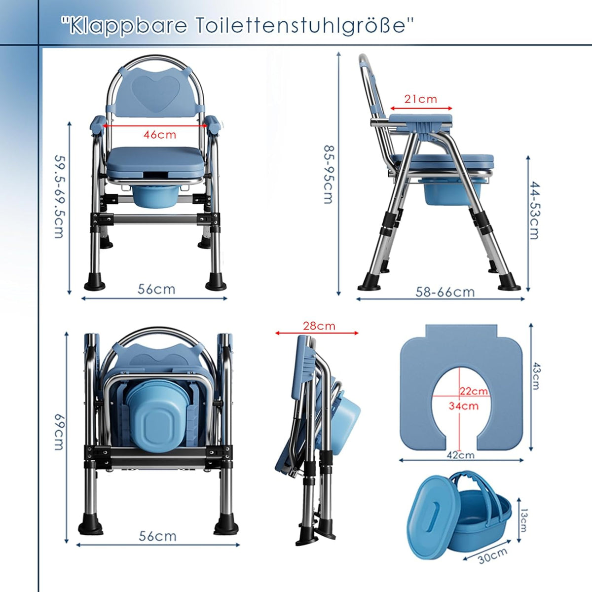 Toilestoel voor Senioren – Draagbaar, Hoogte Verstelbare Toiletstoel met Gevoerde Zitting, Toiletemmer, Douchestoel, Inklapbaar, Stabiel, 200 kg, Ouderen en Mindervaliden