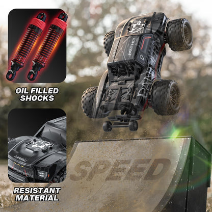 DEERC Op afstand bestuurde auto, 1:14, borstelloze motor, 75 km/u, 4WD RC monstertruck met gekleurd licht, 2 accu's, 2,4 GHz all-terrain raceauto, crawler speelgoed, cadeau voor kinderen